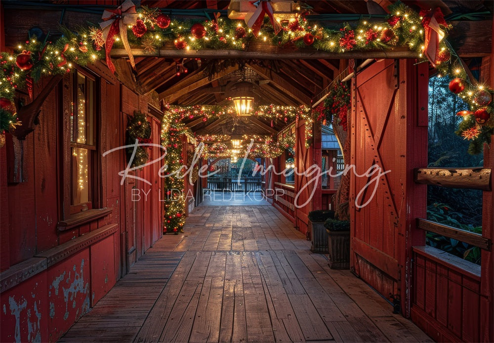 Kate Christmas Night Brown Wooden Cottage Hallway Bridge Backdrop Designed by Lidia Redekopp