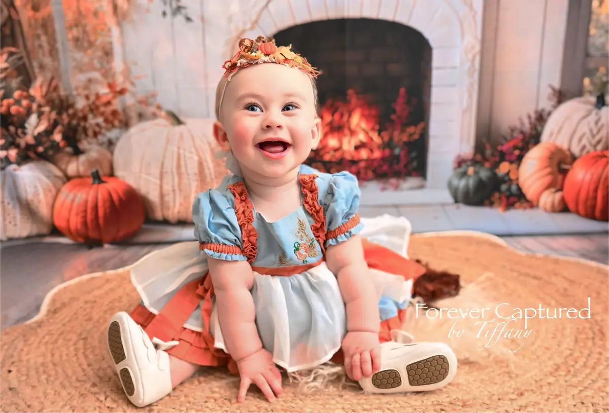 Kate Halloween Fall White Fireplace Maple Leaves Backdrop Designed by Emetselch