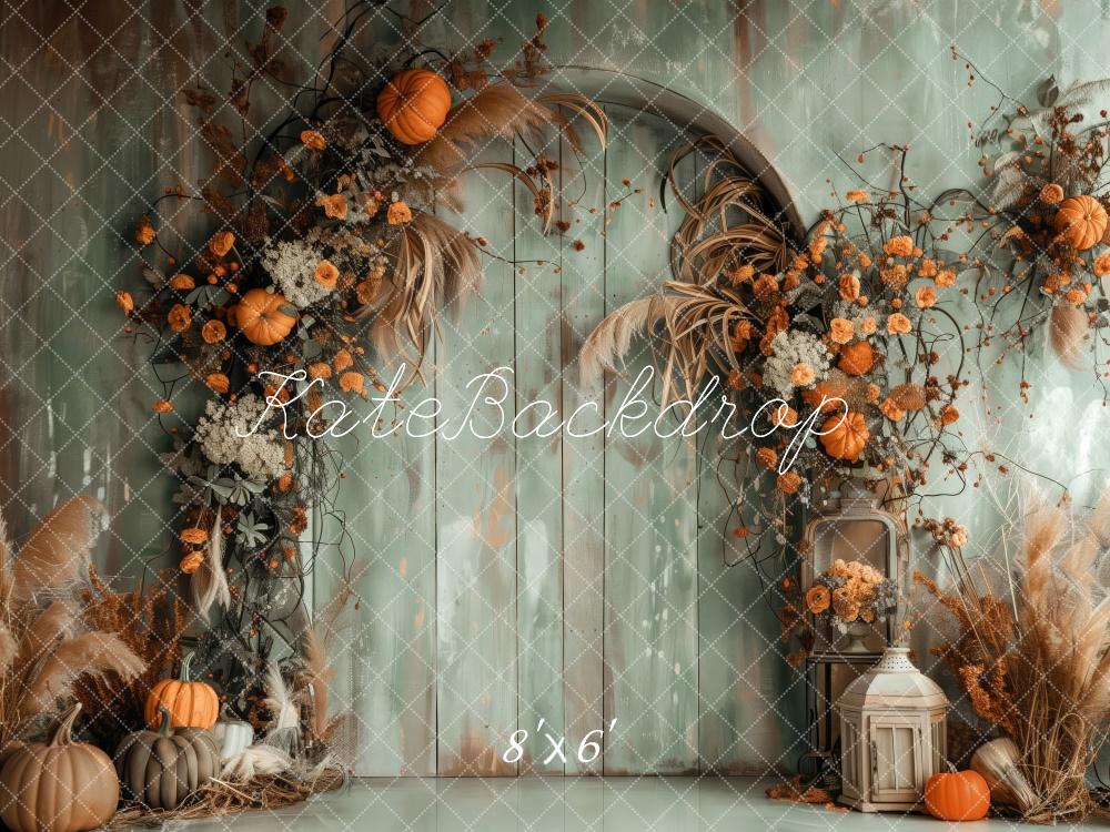 Fall Boho Green Wall Arch Met Pompoenen Foto Achtergrond Designed by Patty Robert