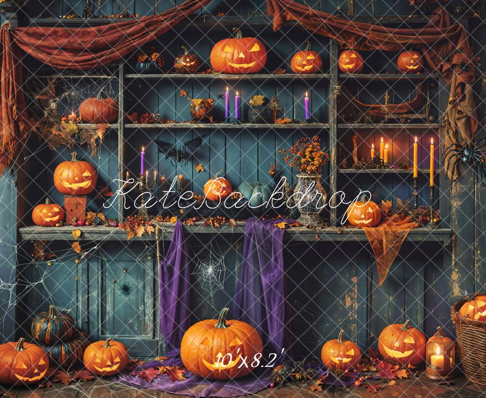 Fondo de tienda de calabaza de madera verde desgastada para Halloween Designed by Emetselch