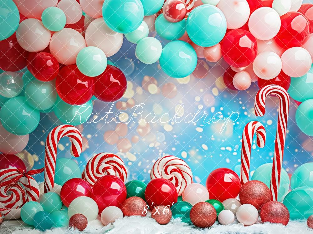 Kate Christmas Cake Smash Red Blue Balloon Arch Candy Cane Backdrop Designed by Patty Robert