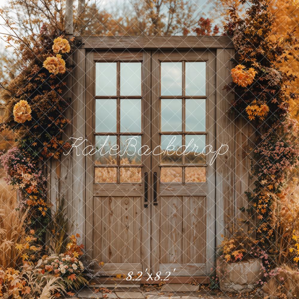 Fondo de puerta de madera vintage de flores de otoño diseñado por Emetselch