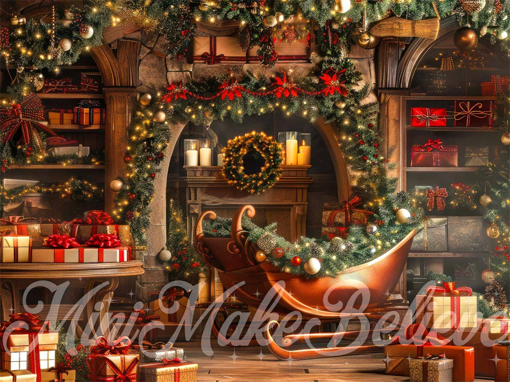 Tienda de Regalos de Navidad Dark Golden Sleigh Fondo diseñado por Mini MakeBelieve