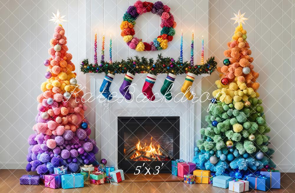 TEST Kate Colorful Christmas Trees Fireplace Backdrop Designed by Emetselch