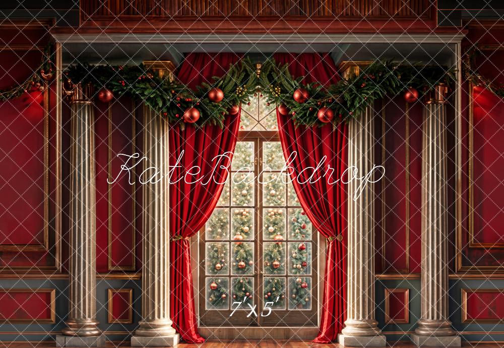 Kate Christmas Indoor Arched Window Red Retro Wall Backdrop Designed by Chain Photography