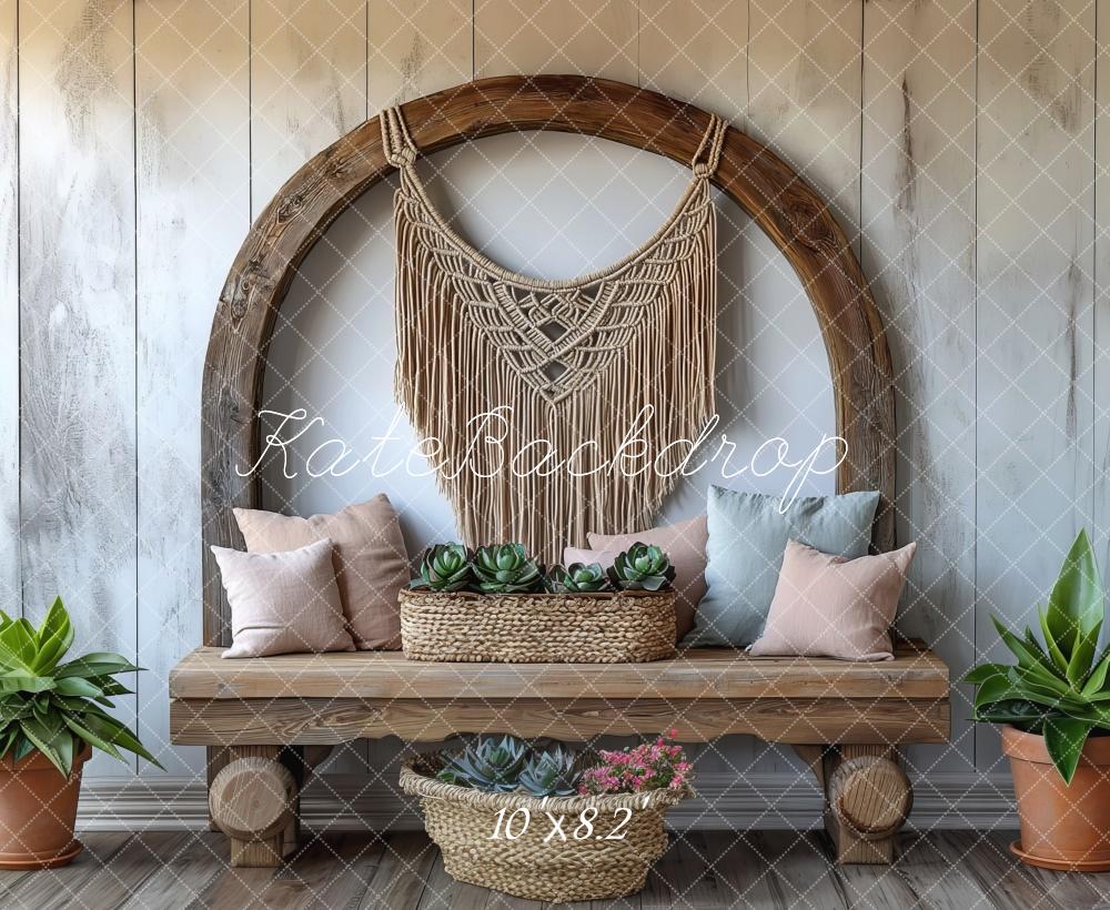 Boho Macrame Wood Bench Foto Achtergrond Designed by Mini MakeBelieve