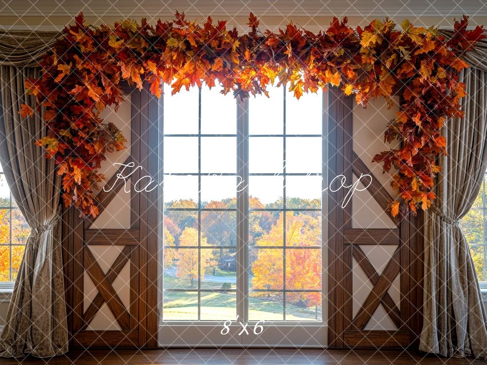 Kate Fall Window Leaf Garland White Barn Door Backdrop Designed by Mini MakeBelieve