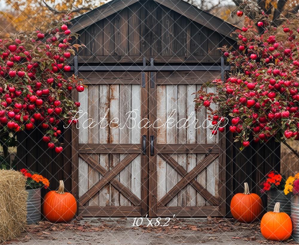 Kate Fall Pumpkin Apple Barn With Wooden Door Backdrop Designed by Mini MakeBelieve