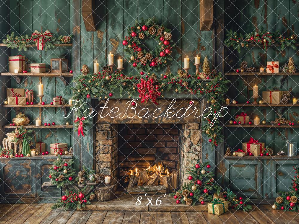 Kate Christmas Green Retro Cabinets Fireplace Backdrop Designed by Emetselch