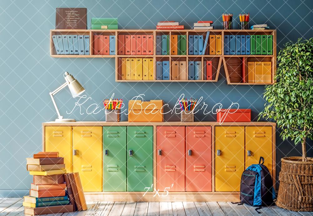 Back to School Kleurvolle Locker Boekenplank Foto Achtergrond Designed by Emetselch