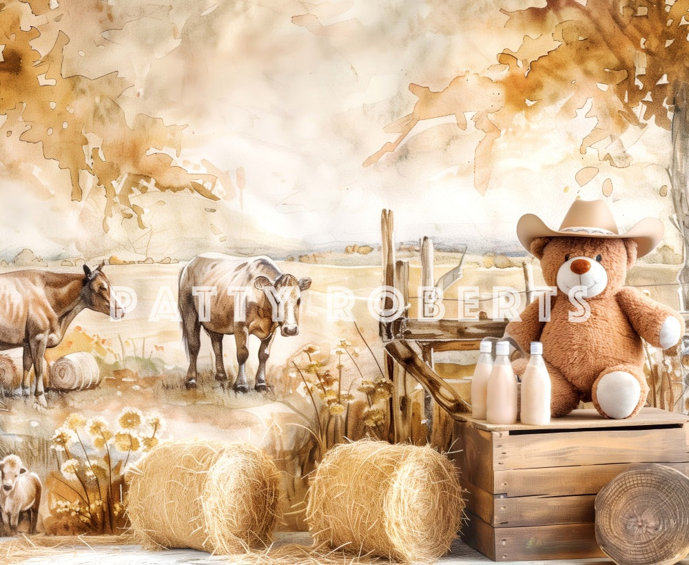 Retro Cartoon Farm Cow Teddy Bear Milk Backdrop Designed by Patty Robert