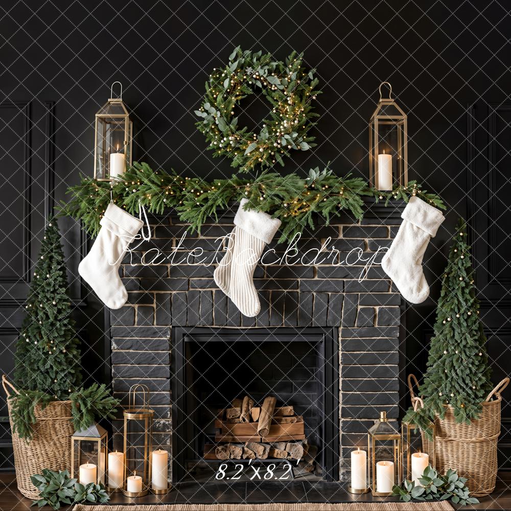 Kate Christmas White Sock Black Brick Fireplace Backdrop Designed by Emetselch