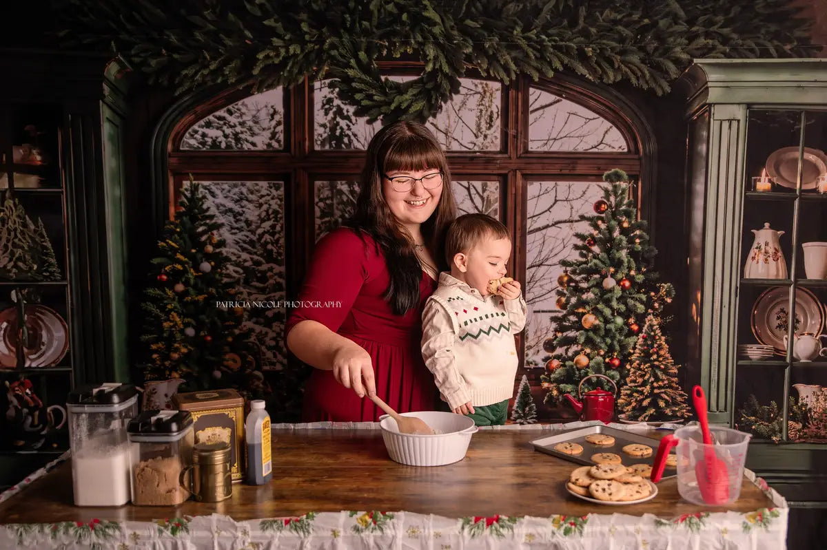 Fondo de cocina retro en tonos verde oscuro para Navidad diseñado por Emetselch