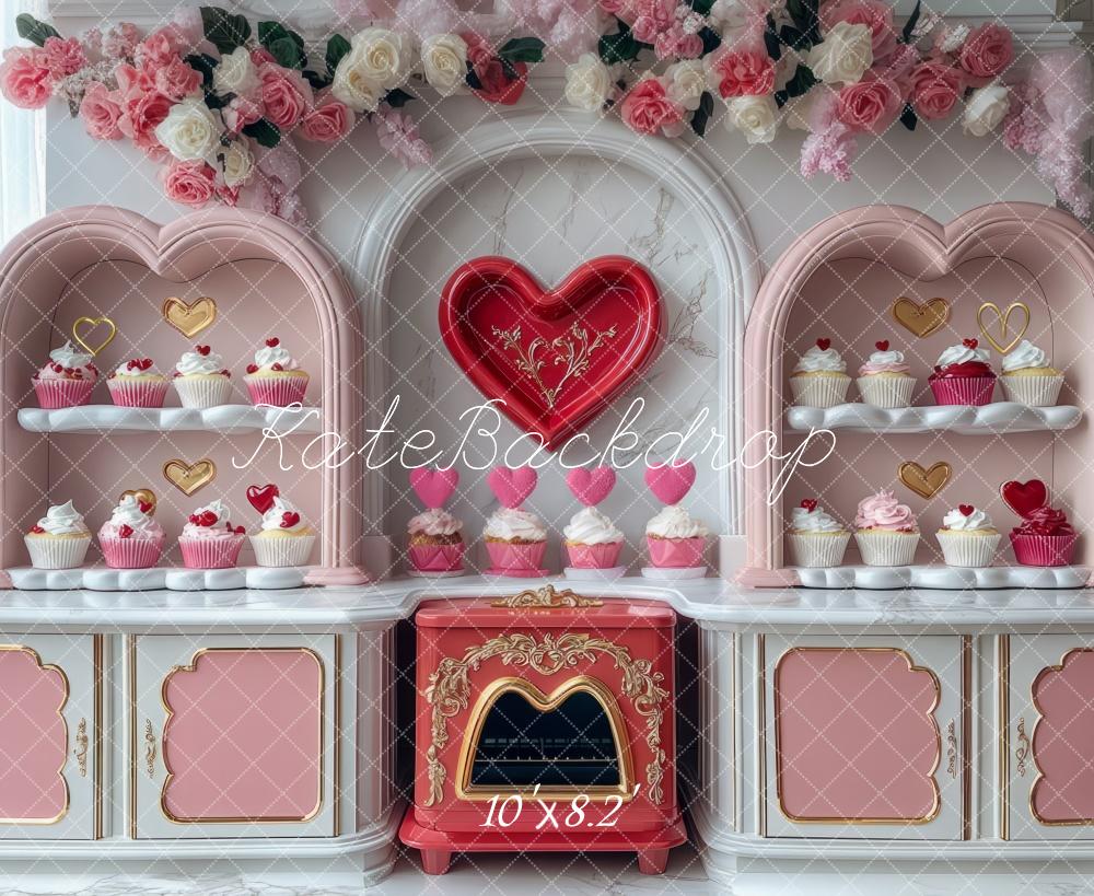 Kate Valentine Cupcake Pink Kitchen Heart Backdrop Designed by Mini MakeBelieve