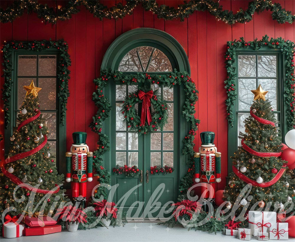 Kerst Nutcracker Groen Boogvenster Rode Muur Achtergrond Ontworpen door Mini MakeBelieve