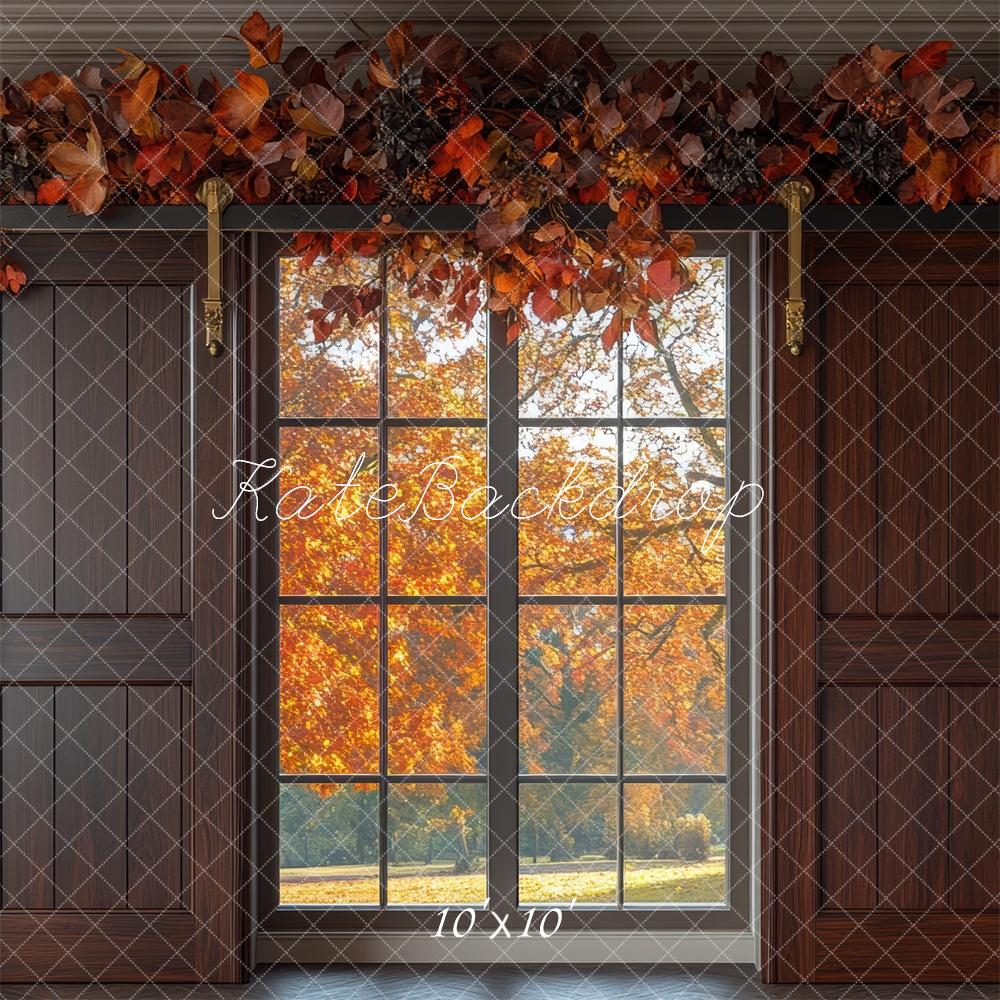 Kate Fall Window Leaves Garland Brown Barn Doors Backdrop Designed by Mini MakeBelieve