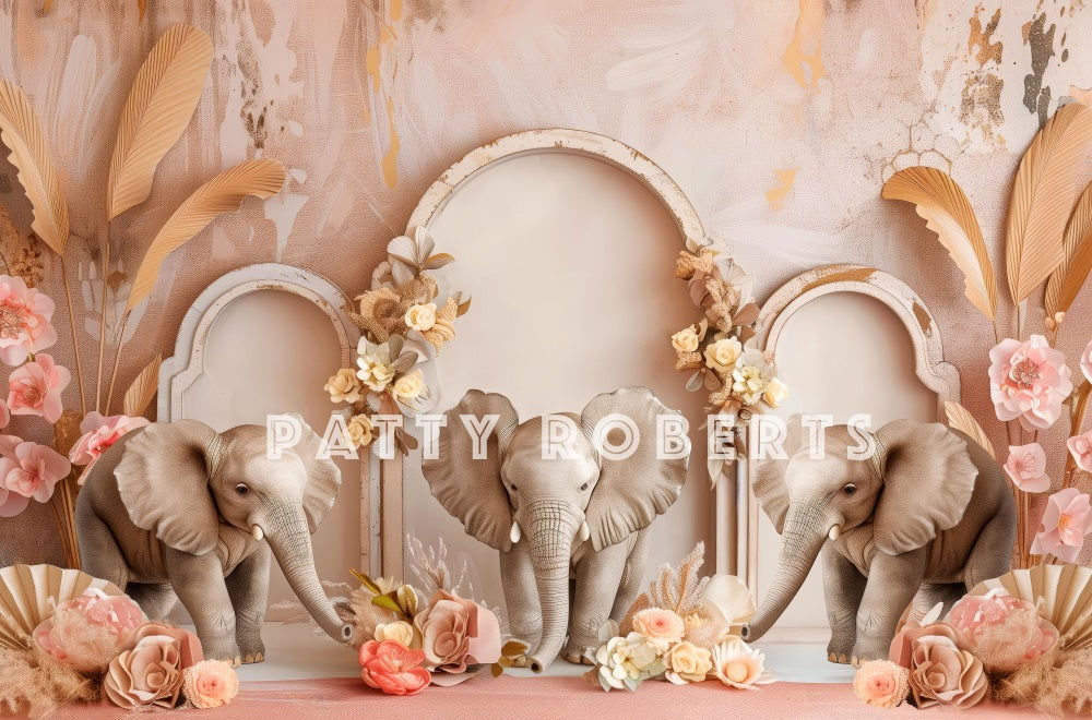 Kate Boho Elephant Pink Retro Arch Wall Backdrop Designed by Patty Robert