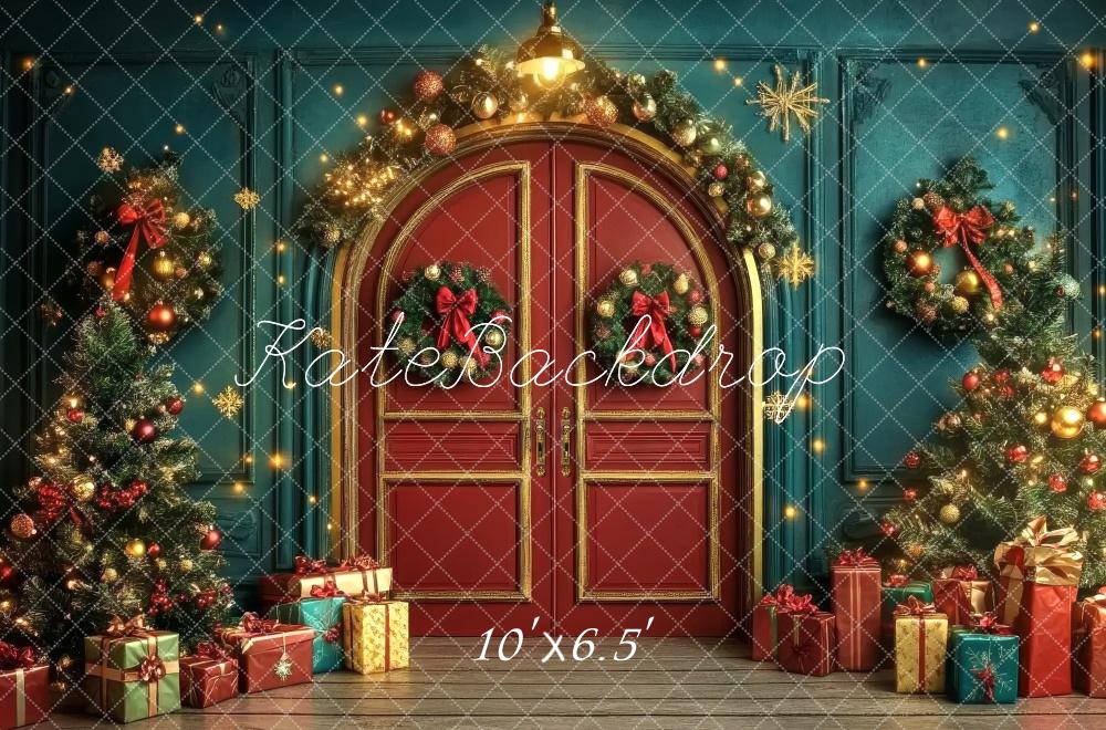 Kate Christmas Arched Red Door Wreath Backdrop Designed by Lidia Redekopp