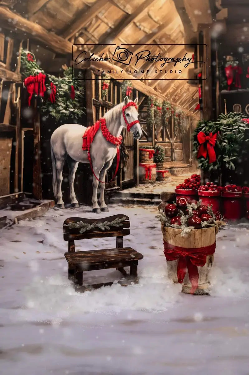 Kate Christmas Wreath Barn White Horse Backdrop Designed by Lidia Redekopp