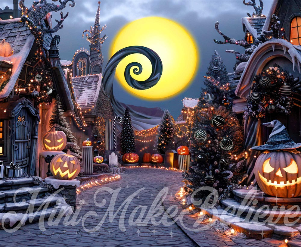 Fondo de Calle Oscura de la Ciudad de Halloween de Calabaza Diseñado por Mini MakeBelieve