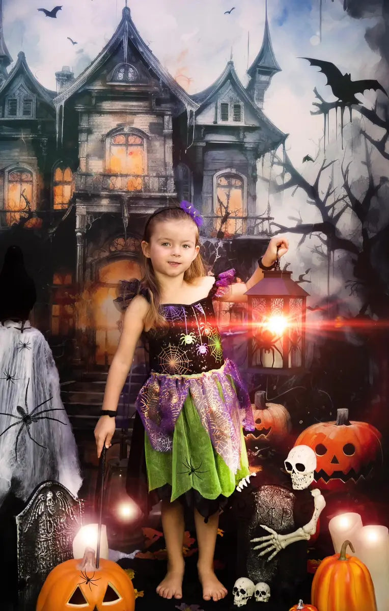 Kate Halloween Spooky Watercolor Mansion Backdrop Designed by Happy Squirrel Design