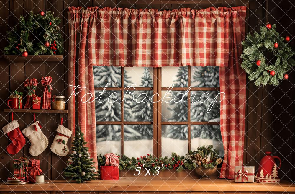 Cortinas de ventana de cuadros rojos navideños diseñadas por Emetselch