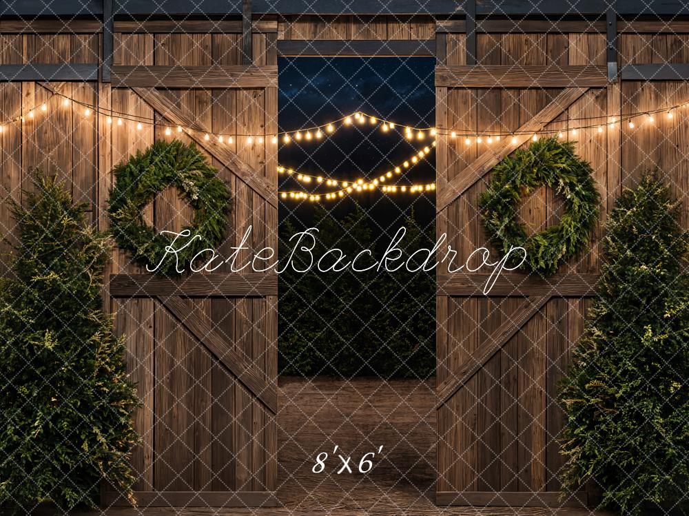 Kate Christmas Tree Barn Brown Wood Door Backdrop Designed by Emetselch