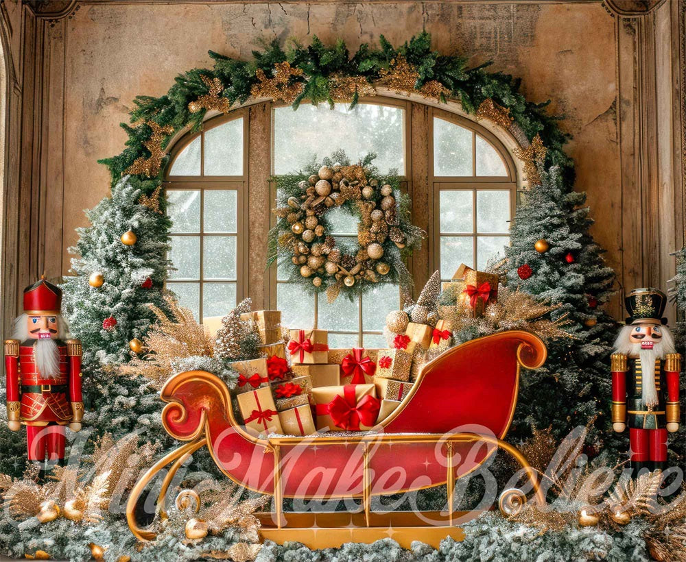 Kate Christmas Indoor Nutcracker Red Sleigh Arched Window Backdrop Designed by Mini MakeBelieve