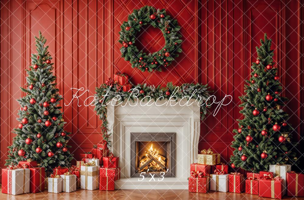 TEST Kate Christmas Trees Fireplace Red Wall Backdrop Designed by Emetselch