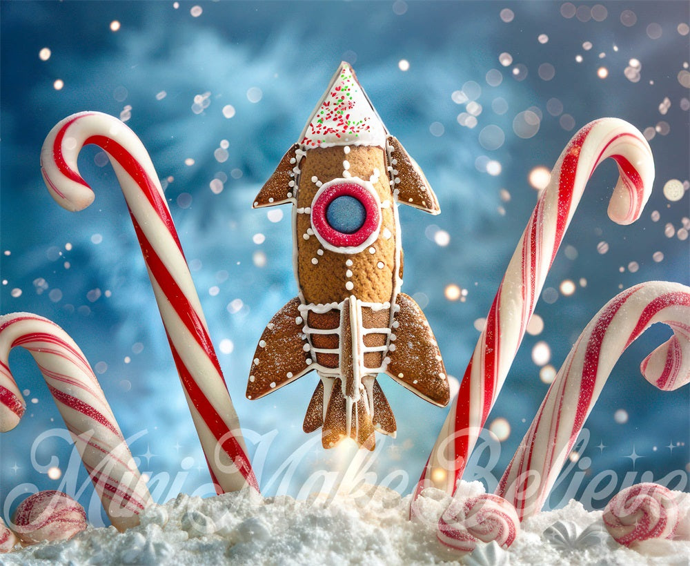 Kate Christmas Red Candy Brown Gingerbread Rocket Backdrop Designed by Mini MakeBelieve