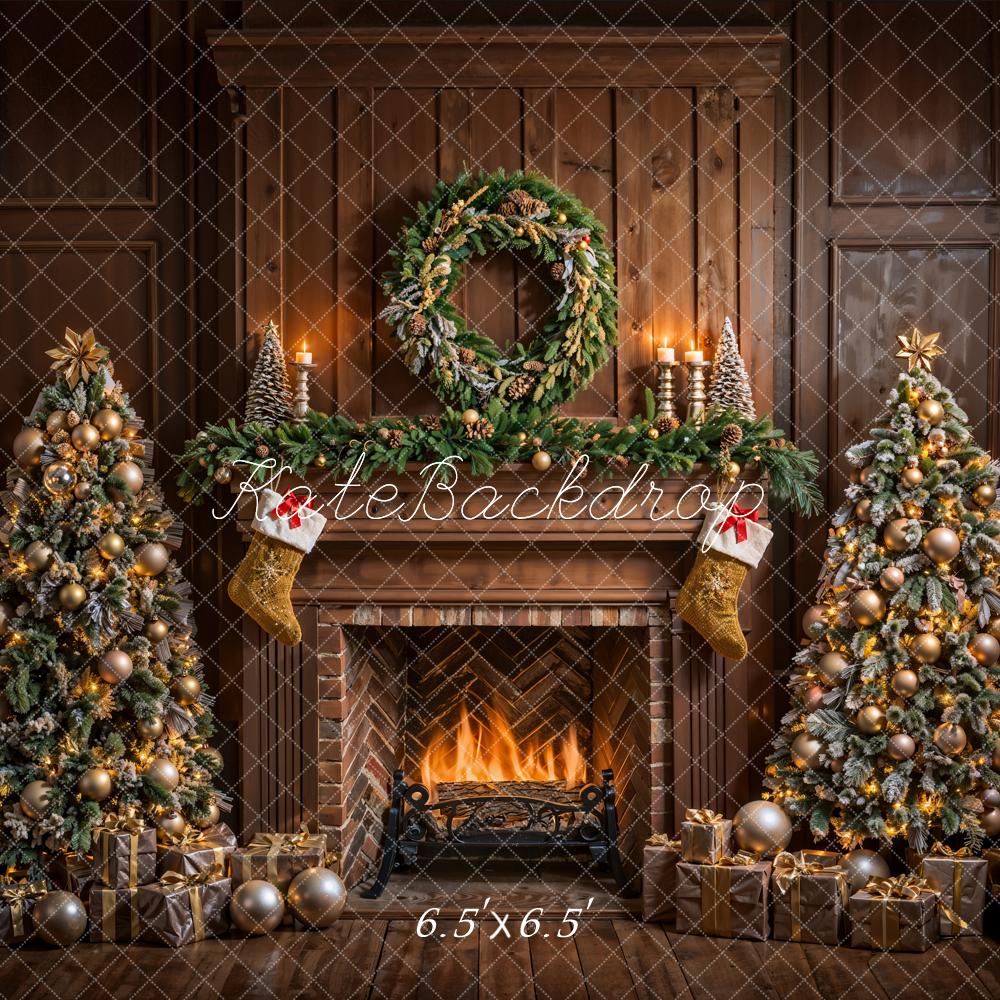 Kate Christmas Indoor Brown Fireplace Vintage Wall Backdrop Designed by Emetselch