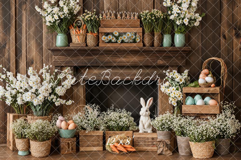 Kate Easter Fireplace Bunny Rustic Floral Backdrop Designed by Emetselch