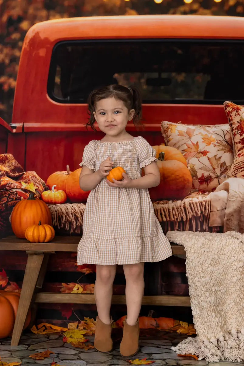 Kate Autumn Forest Maple Leaf Pumpkin Dark Orange Truck Backdrop Designed by Emetselch