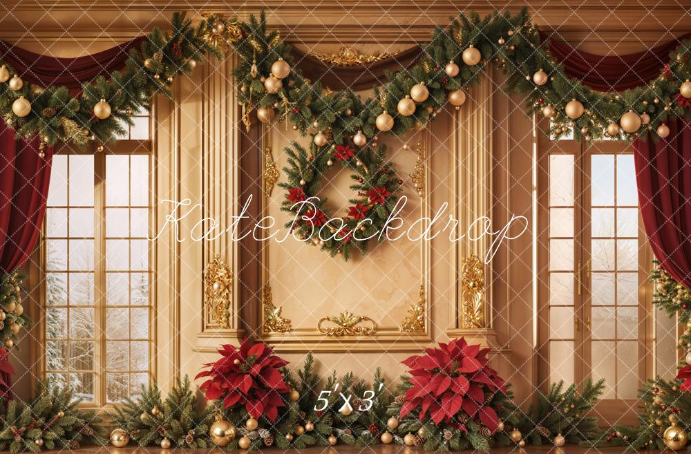 TEST Kate Christmas Window Poinsettia Curtains Backdrop Designed by Emetselch