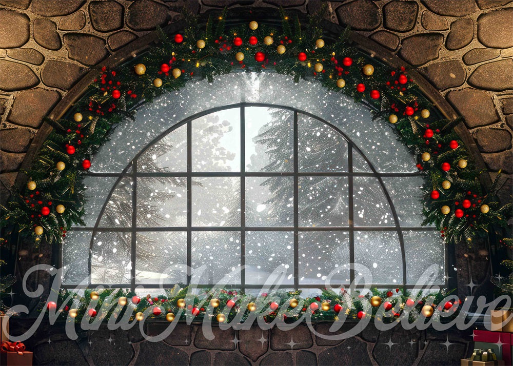 Kate Christmas Decoration Arched Window Stone Wall Backdrop Designed by Mini MakeBelieve