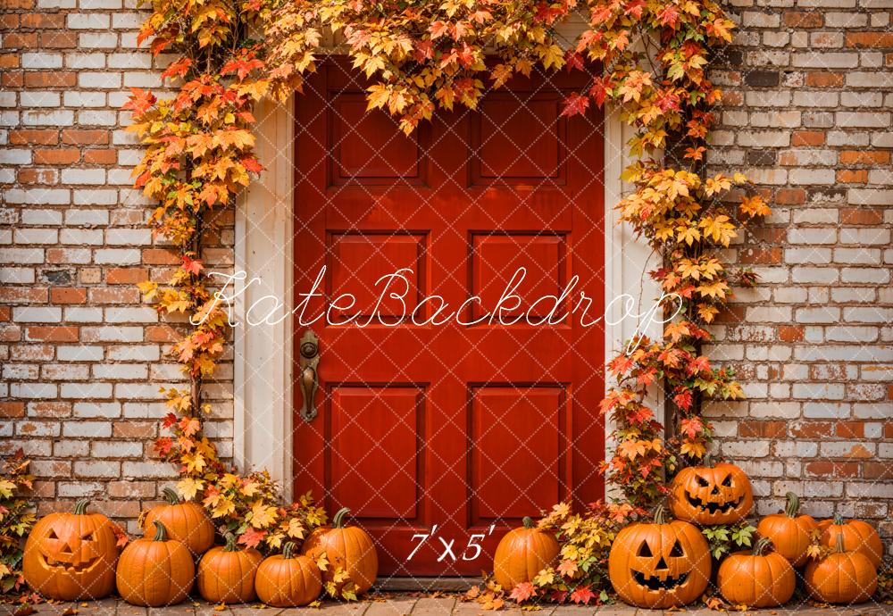 Kate Autumn Halloween Maple Leaves Red Door Brick Wall Backdrop Designed by Emetselch