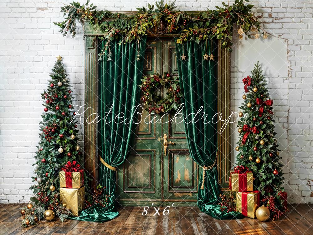 Kate Christmas Tree Green Curtains Vintage Door White Wall Backdrop Designed by Emetselch