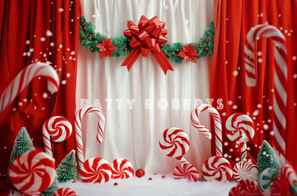 Kate Christmas Candy Canes On Red Curtains Backdrop Designed by Patty Robert