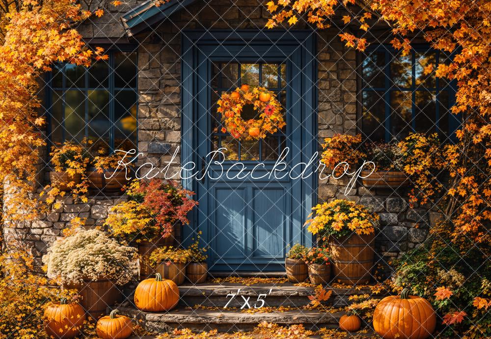 Fondo de otoño de calabazas en la puerta azul diseñado por Emetselch