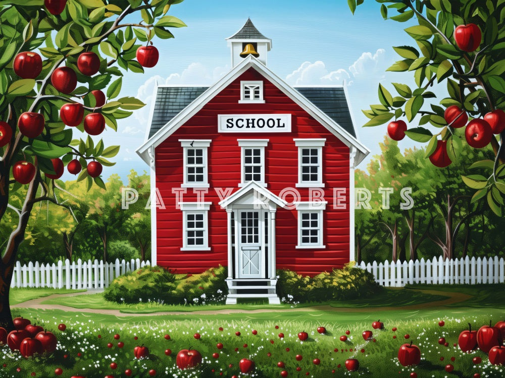 Fondo de escuela de regreso con dibujos animados, casa roja y árbol de manzana diseñado por Patty Robert