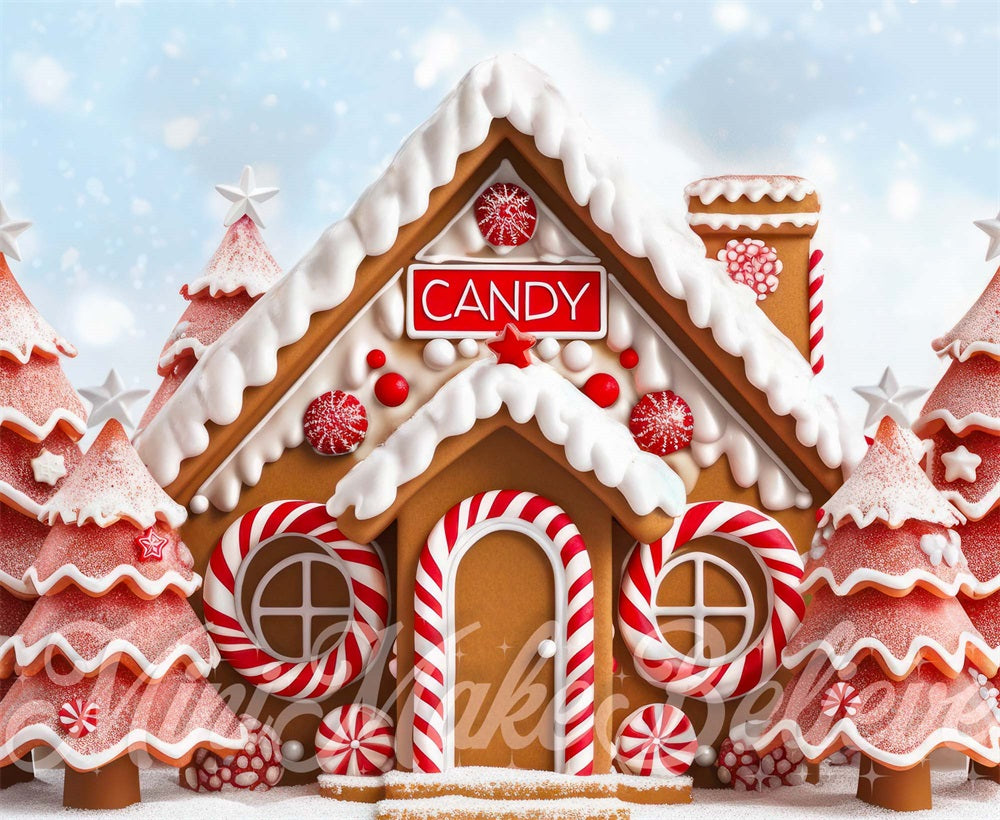 Kate Red Christmas Tree Dreamy Gingerbread Candy House Backdrop Designed by Mini MakeBelieve