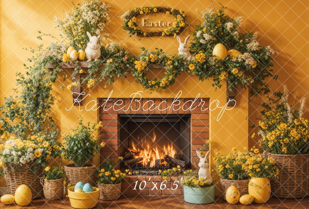 Kate Easter Floral Yellow Fireplace Eggs Backdrop Designed by Emetselch