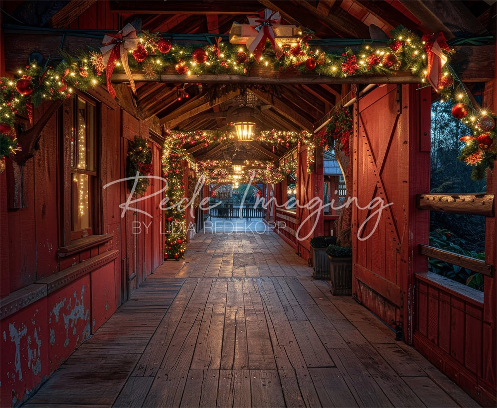 Noche de Navidad en Cabaña de Madera Marrón Pasillo Puente Fondo, Diseñado por Lidia Redekopp