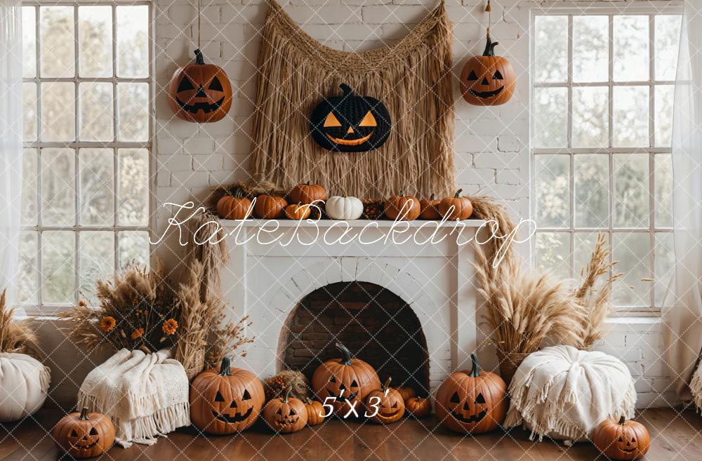 Halloween Pompoen Witte Open Haard Boho Foto Achtergrond Designed by Emetselch