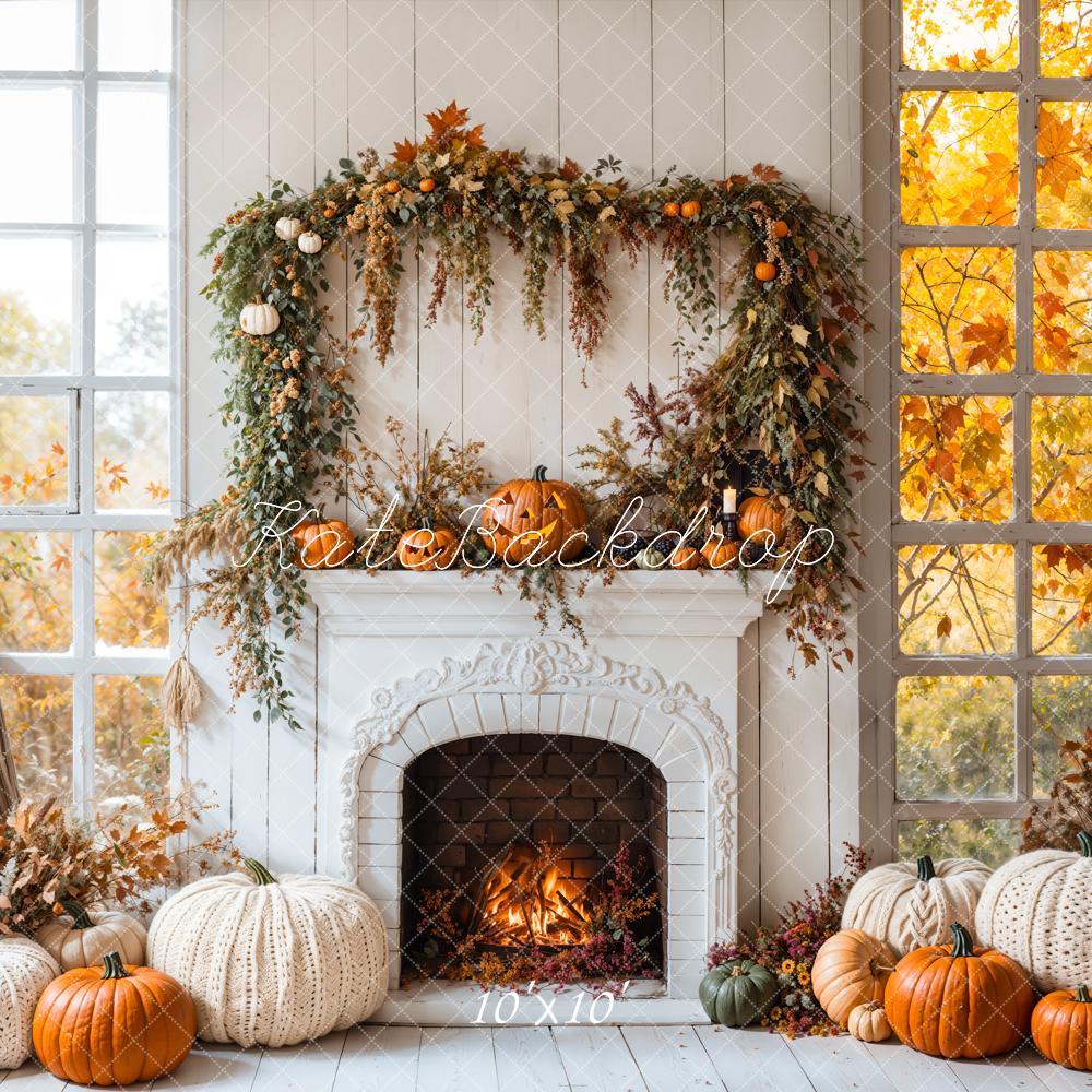 Halloween Fall White Fireplace Maple Leaves Foto Achtergrond Designed by Emetselch