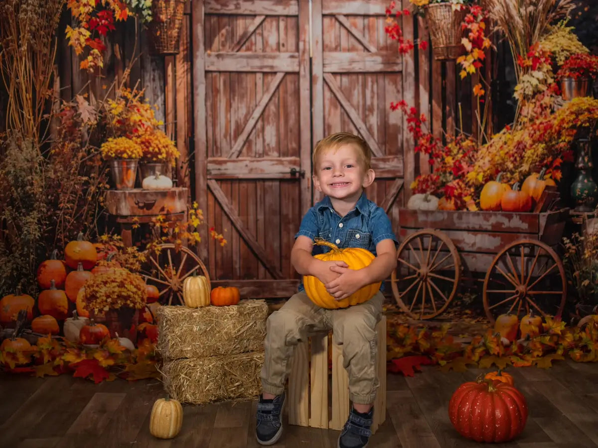 Kate Fall Boho Maple Leaf Flower Pumpkin Barn Door Backdrop Designed by Emetselch