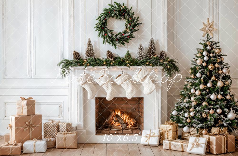 Kate Christmas White Fireplace With Gifts Tree Wreath Backdrop Designed by Emetselch