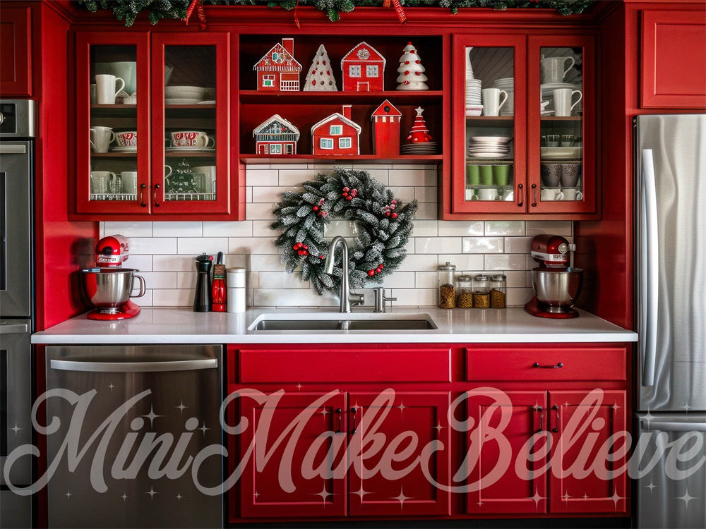 Natale Indoor Red Kitchen Backdrop Progettato da Mini MakeBelieve