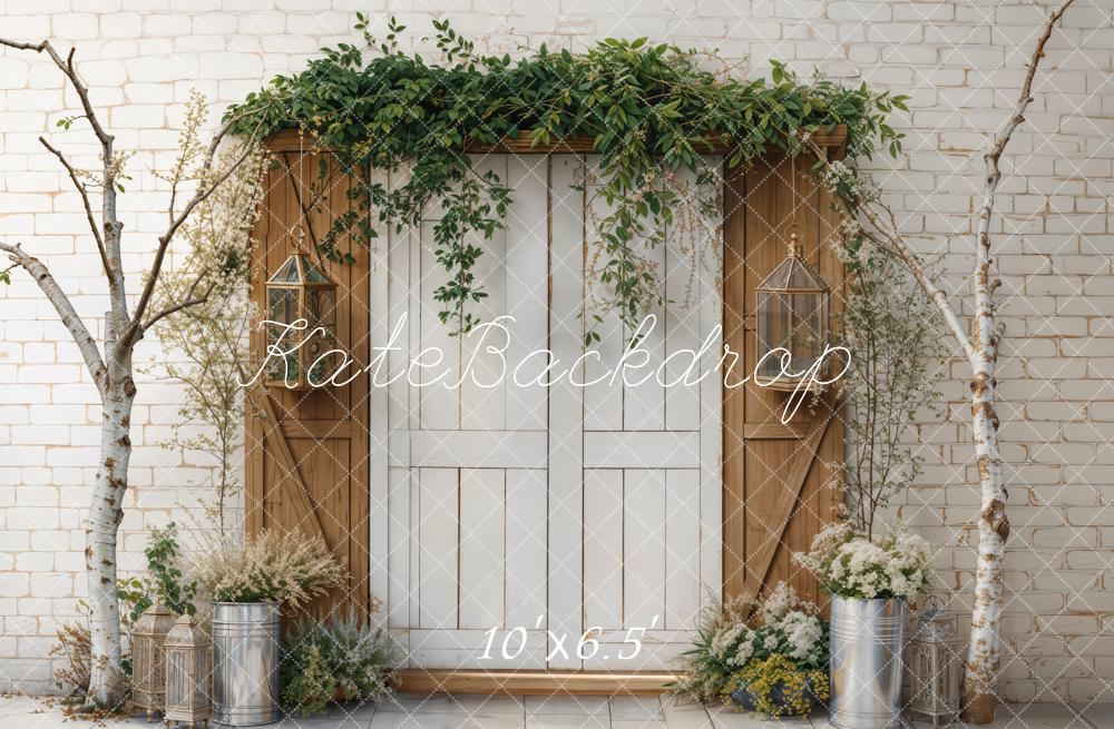 Kate Spring Rustic Door Greenery Tree Backdrop Designed by Emetselch