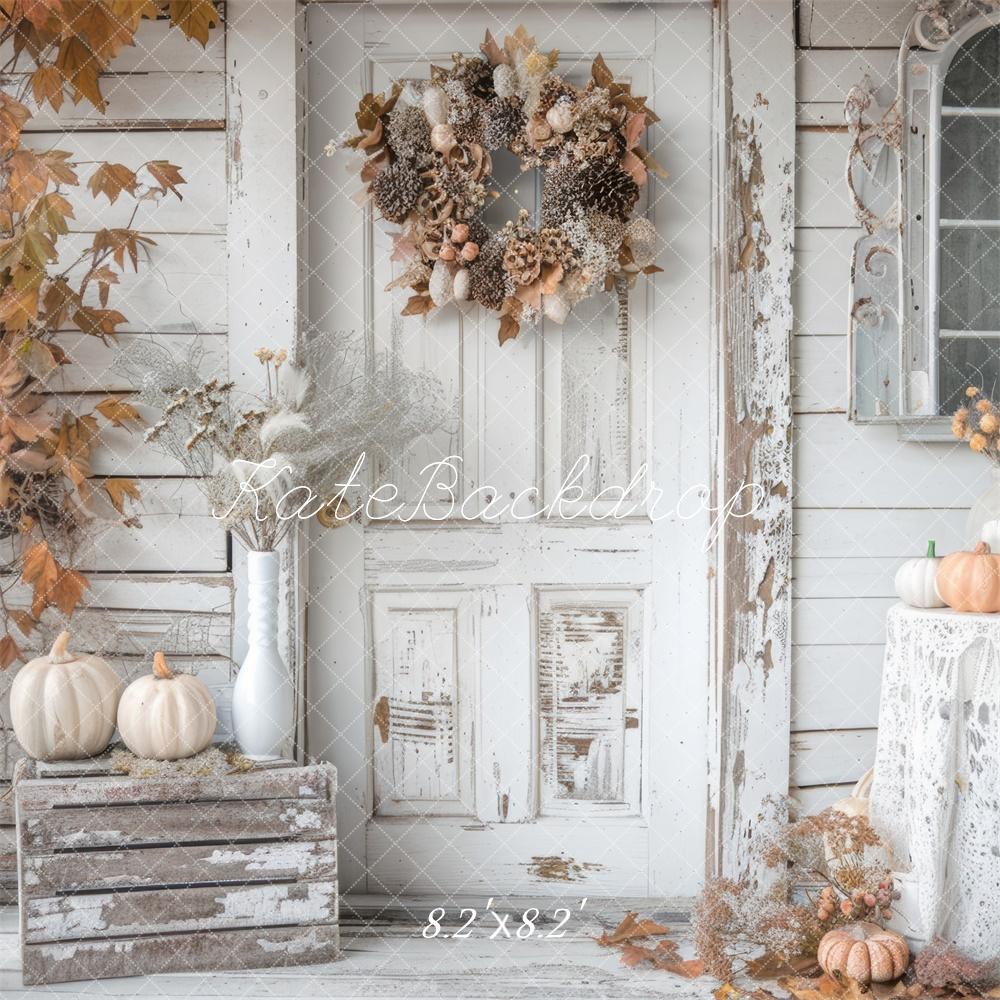 Kate Fall Shabby White Rustic Pumpkins Door Backdrop Designed by Mini MakeBelieve